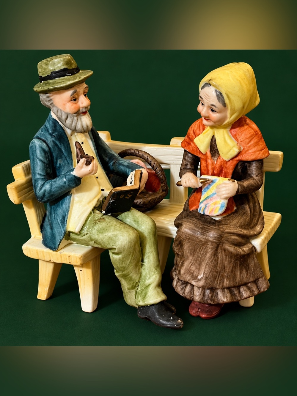 Vintage Lefton Taiwan Elderly Couple-Bench Porcelain Figurine Sewing & Reading